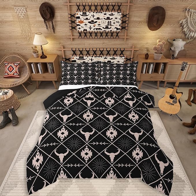 Erosebridal Bull Skull Comforter Set for Boys, Ethnic Western Horns Bedding Set Toddler Size Tribal Aztec Boho Southwestern Duvet Insert Farmhouse Animal Vintage Quilt, 1 Pillow Case, Black Brown