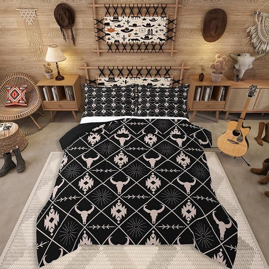 Erosebridal Bull Skull Comforter Set for Boys, Ethnic Western Horns Bedding Set Toddler Size Tribal Aztec Boho Southwestern Duvet Insert Farmhouse Animal Vintage Quilt, 1 Pillow Case, Black Brown
