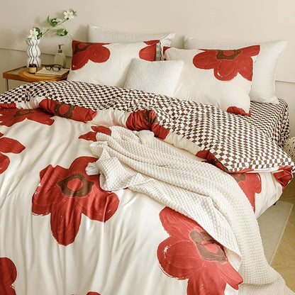 CLOTHKNOW Sunflower Full Comforter Set 3Pcs Rust Beige Floral Bedding Comforter Sets Brown Plaid Comforter Botanical Boho Comforter Sets Full