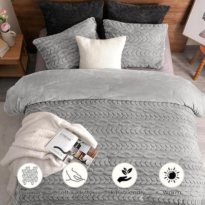 PHF Fluffy Sherpa Fleece King Comforter Set, 3 Pieces Warm Fuzzy Soft Bedding for Winter, 3D Tufted Flannel Plush Shaggy Bed Set, 1 Comforter (104"x90") and 2 Pillowcases (20"x36"), Grey