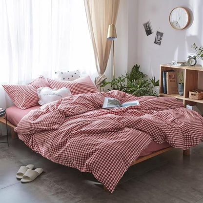 mixinni Red Gingham Comforter Set Queen, Plaid Comforter Set 3 Pieces 1 Red Grid Comfoter with 2 Pillow Cases for All Seasons, Soft Fluffy Modern Grid Pattern Printed Bedding-Queen Size