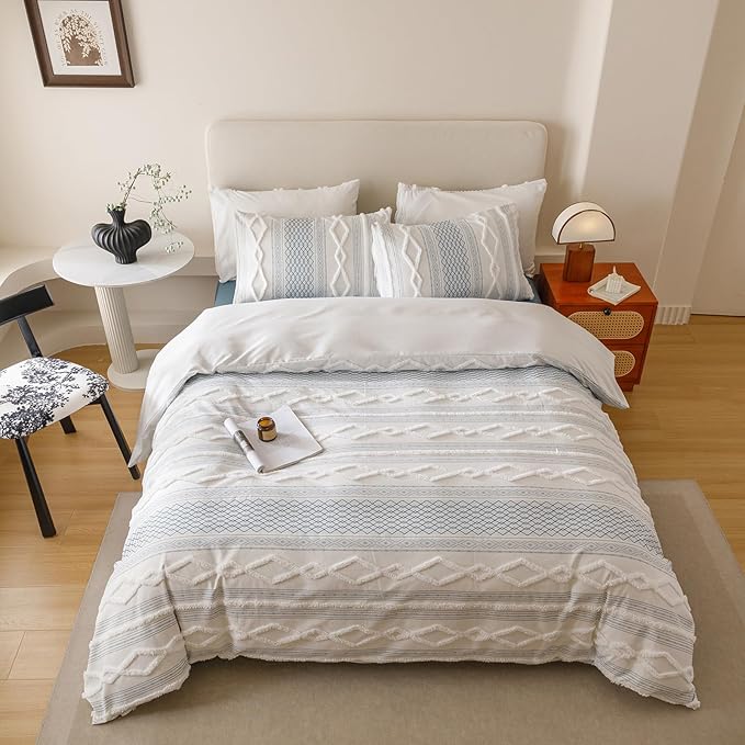 KAREVER Ivory Blue Boho Comforter Set Full Mixed Textures Jacquard Bedding Set Durable Chic and Stylish Bedroom Set