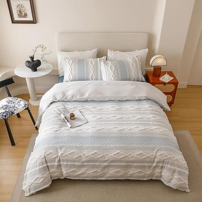 KAREVER Ivory Blue Boho Comforter Set Full Mixed Textures Jacquard Bedding Set Durable Chic and Stylish Bedroom Set