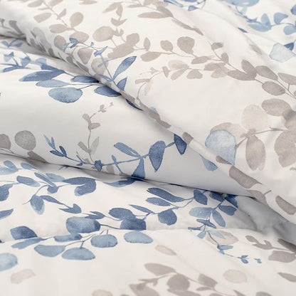 Chanasya Premium Queen Size Watercolor Leaf Vines Comforter Set – Soft Blue Gray Botanical Microfiber Bedding – 3 Piece Set with 1 Comforter and 2 Pillow Shams - Queen