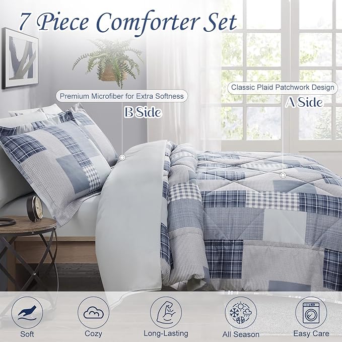 Comforter Set King Size Plaid Patchwork Comforter Bedding-7 Piece Bed in a Bag,Soft Fluffy Reversible Microfiber Bedding Set(1 Comforter,1 Flat Sheet,1 Fitted Sheet,2 Pillowcases,2 Pillow Shams),Blue