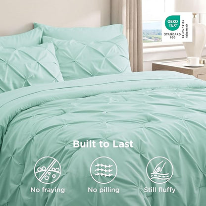 Bedsure Queen Comforter Set Mint Green - Bed in a Bag Queen Size Bedding 7 Pieces, GentleSoft™ Pintuck Bed Set Gift for Family, Pinch Pleat All Season Comforter with Sheets, Pillowcases & Shams
