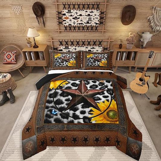 Erosebridal Western Texas Star Bedding Set Queen, Rustic Cowhide Comforter Set for Kids Teens Adult Room Decor, Cow Print Farm Animal Duvet Insert Cowboy Vintage Sunflower Quilt, 2 Pillow Cases