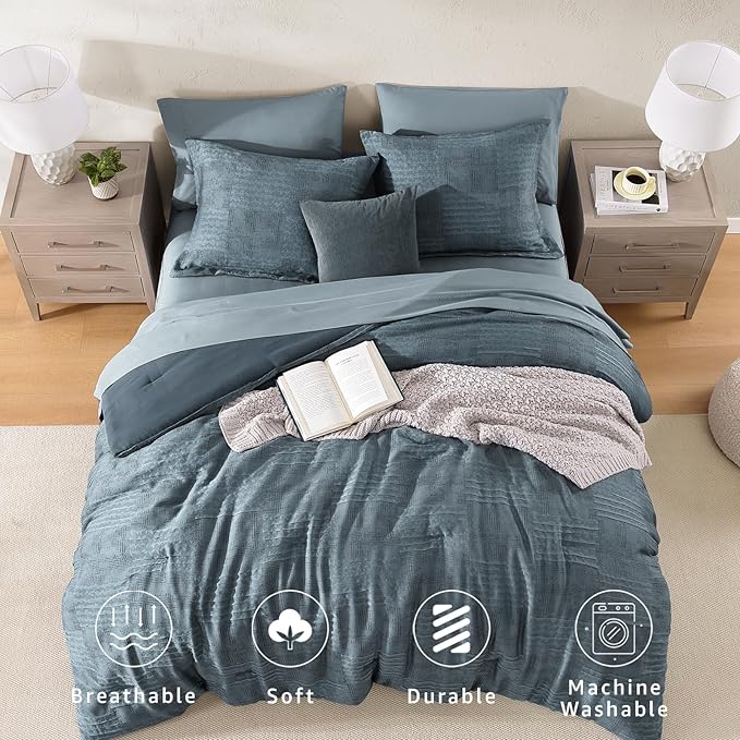 MaiRêve Queen Comforter Set Dusty Blue, Textured Design Crinkle Bedding Sets 7 Pieces, All Season Bed in A Bag with Comforter, Sheets, Pillowcases & Shams