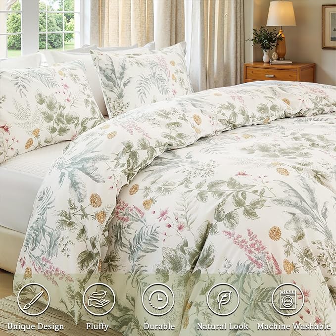 100% Cotton Comforter Queen Size Green Floral Bedding Set Reversible Botanical Comforter Set 3 Pcs Cottagecore Aesthetic Soft Bedding Sets for All Season