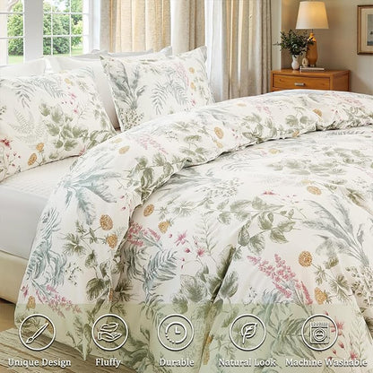 100% Cotton Comforter Queen Size Green Floral Bedding Set Reversible Botanical Comforter Set 3 Pcs Cottagecore Aesthetic Soft Bedding Sets for All Season