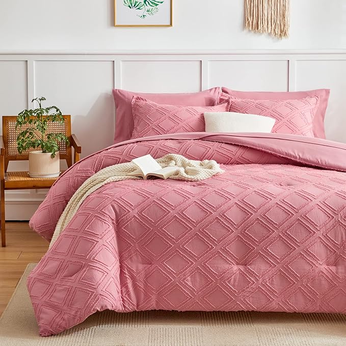 6 Pieces Tufted Bed in a Bag Twin Comforter Set with Sheets Pink, Soft and Embroidery Shabby Chic Boho Bohemian, Luxury Solid Color with Diamond Pattern, Jacquard Tufts Bedding Set for Kids Girls