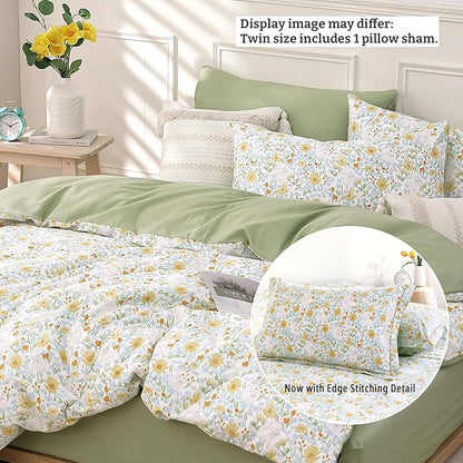 Floral Cotton Comforter Twin Size 2Pcs - Yellow and Blue Tiny Flowers & Little Lambs on White, Sage Green Back, Reversible Lightweight Bedding Sets with Soft Fill(1 Comfoter, 1 Pillowcase)
