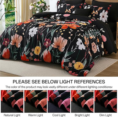 Anibedding 8Pieces King Size Comforter Set, Black Watercolor Floral Queen Size Bed in a Bag Comforter Set with Pillowcase, Sheets for All Season