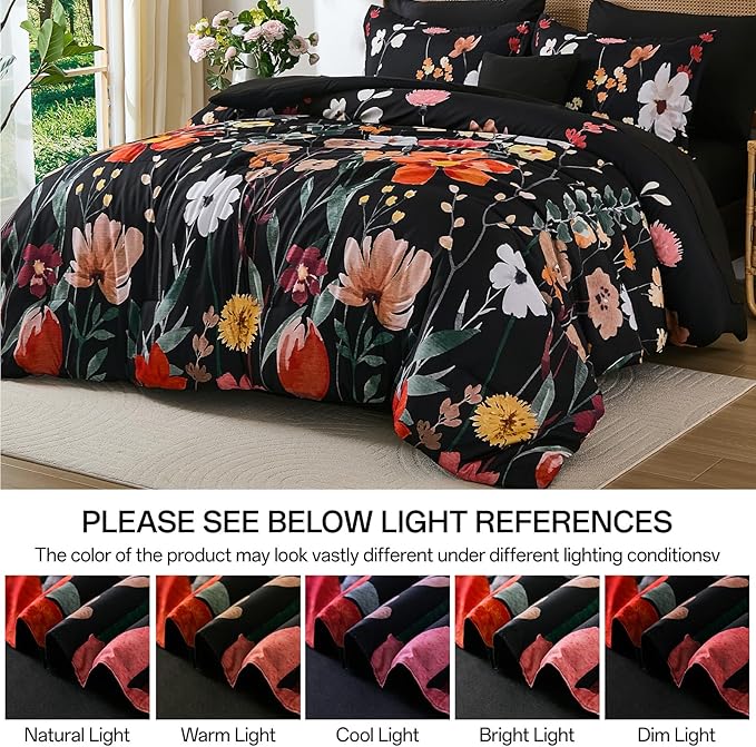 Anibedding 8Pieces Queen Comforter Set, Black Watercolor Floral Queen Size Bed in a Bag Comforter Set with Pillowcase, Sheets for All Season