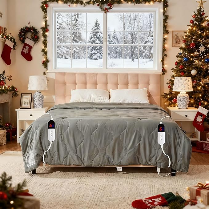 Electric Blanket Queen Size - Dual Control Heated Blanket Queen Size, Fast Heating with 10 Time Settings & 6 Heat Settings, Warm Gift (Gray, Queen/Full 90" x 90")