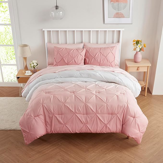 7 Piece Comforter Set Bed in a Bag Ombre Pintuck Design All Season Soft Down Alternative Bedding Comforter Set & Luxurious Matching Bed Sheets & Pillow Shams, Ombre Pintuck Blush, Queen