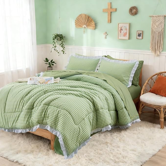 A Nice Night Comforter 5Pcs Full Size,Green Ruffle Comforter for Dorm Room Essentials for Twin Bed,Plaid Checkered Chic Bedding Bed in a Bag for Girls