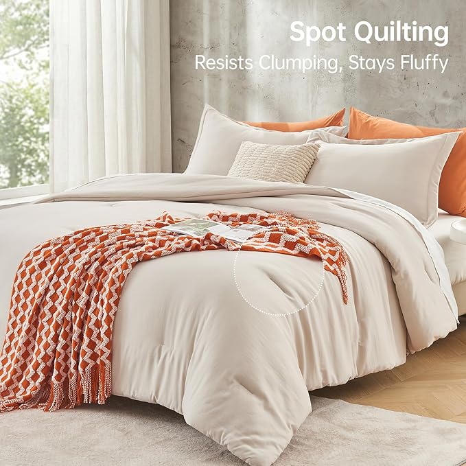 MUXHOMO Beige Full Comforter Sets, All Season Ultra Soft Down Alternative Bedding - 3 Piece Lightweight Bed Set Includes 1 Comforter (82"x86") and 2 Pillow Shams (20"x26")