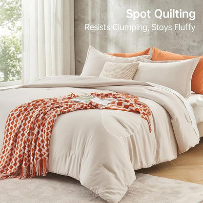 MUXHOMO Beige Oversized Queen Comforter Sets, All Season Ultra Soft Down Alternative Bedding - 3 Piece Lightweight Bed Set Includes 1 Comforter (98"*98") and 2 Pillow Shams (20"x26")