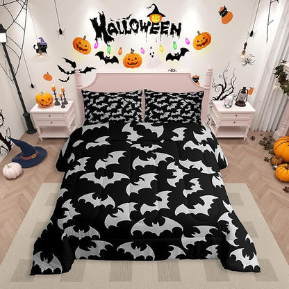Erosebridal Gray Bat Bedding Set Full Size Halloween Bat Comforter Set Spooky Goth Gothic Animal Bed Sets Horror Halloween Duvet Quilt Sets for Kids Teens Adults