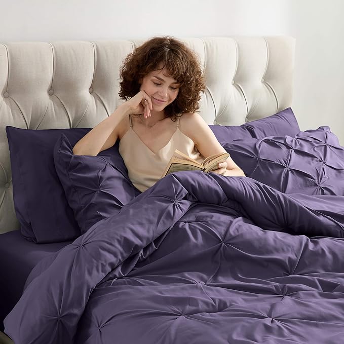 Nestl California King Comforter Set 7 Piece - Pintuck Cal King Comforter Set Purple, California King Bed in a Bag, All Season Bed Set with Flat Sheet and Fitted Sheet, Pillowcases and Shams
