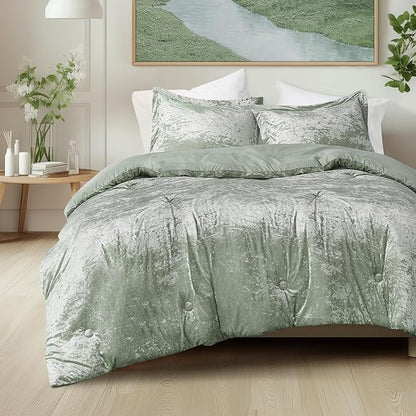Comfort Spaces Luxe King Comforter Set - Velvet Microfiber Reverse, Juliette, All Season Bedding, Fluffy Sham, Sage Green 3 Piece