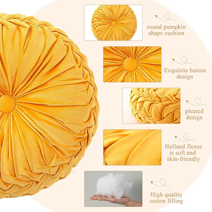 1 Pcs Round Throw Pillows Decorative Velvet Pleated Throw Pillows 15'' Diameter Accent Pumpkin Boho Chair Cushion for Couch Sofa Chair Bed Home Decoration (Yellow)