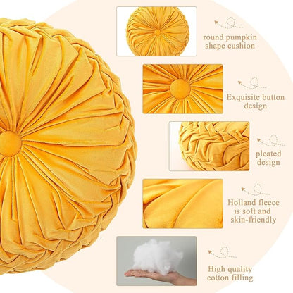 1 Pcs Round Throw Pillows Decorative Velvet Pleated Throw Pillows 15'' Diameter Accent Pumpkin Boho Chair Cushion for Couch Sofa Chair Bed Home Decoration (Yellow)