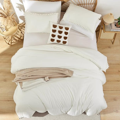 YIRDDEO Full Ivory Microfiber Comforter Set, 3pcs Boho Ball Pom Fringe Design Bedding Set (1 Comforter, 2 Pillowcases)