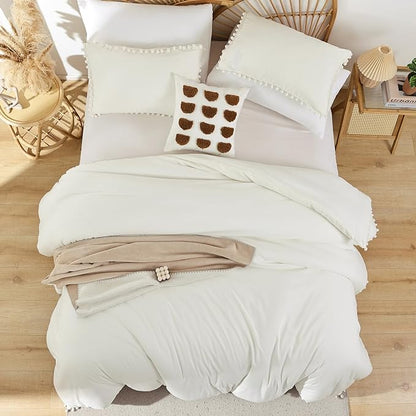 YIRDDEO Ivory Queen Ball Pom Fringe Comforter Set 3pcs, Boho Off White Aesthetic Luxurious Queen Bedding Set 3 Pieces, Vintage Ultra Soft Microfiber Comforter Set