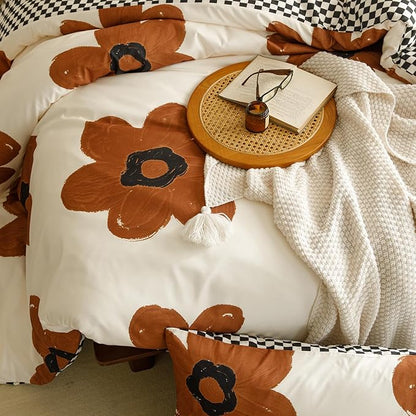 CLOTHKNOW Brown Floral Queen Comforter Set 3Pcs Sunflower Bedding Comforter Sets Black White Plaid Comforter Botanical Comforters with 2 x Pillow Cases