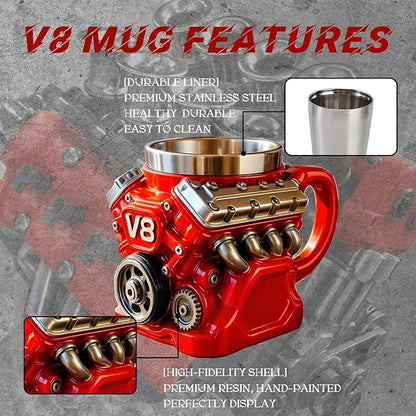 V8 Engine Coffee Mug, V8 Coffee Mug for Car Enthusiast, V8 Engine Mug Stainless Steel Cup Creative Design Decoration (Red)
