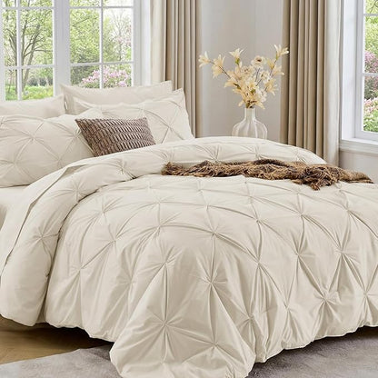 Sasttie California King Comforter Set, 7-Piece Bed in a Bag Cal King, Pintuck Bedding Set for All Season, Includes Comforter, Flat Sheet, Fitted Sheet, Pillowcases and Pillowshams, Beige