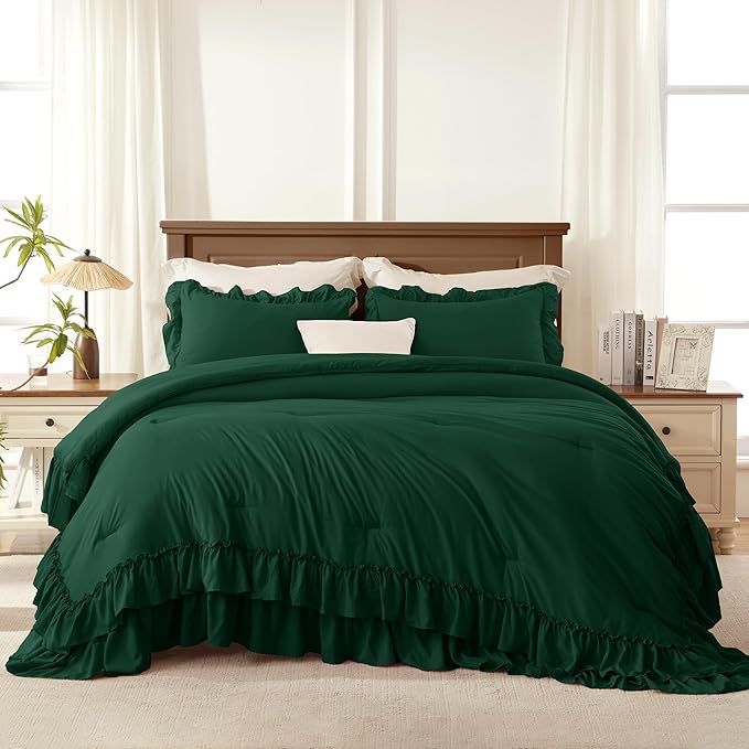 Andency Dark Green Comforter Set Queen Size, Lightweight Fluffy Farmhouse Ruffle Bedding Set, Soft Microfiber All Season Shabby Chic Bed Comforter Set 3 Pieces(1 Comforter 2 Pillowcases)