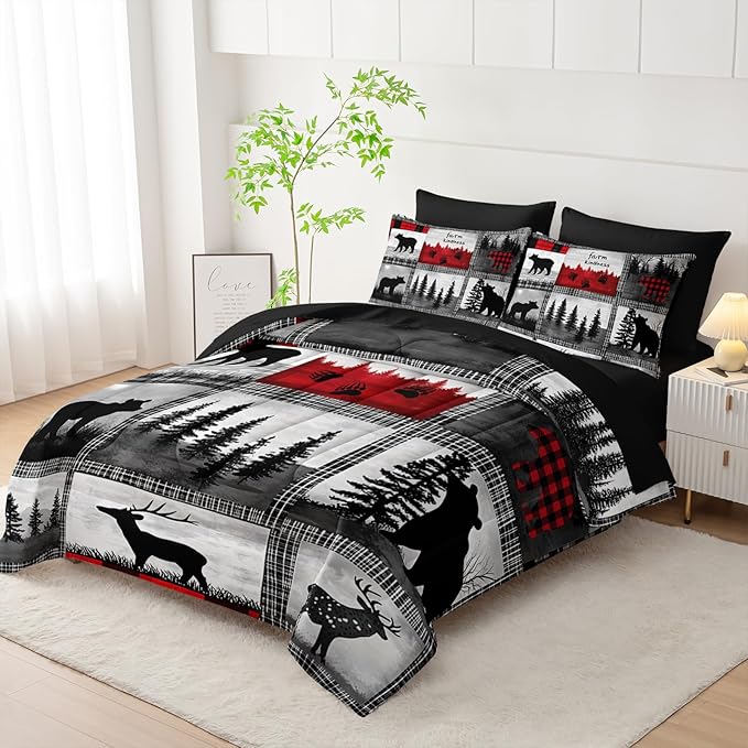 7 Piece Wildlife Bear Deer Queen Set Comforter，Rustic Cabin Queen Size Bedding Sets Comforter and Sheets