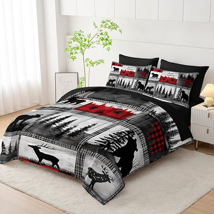 7 Piece Wildlife Bear Deer Queen Set Comforter，Rustic Cabin Queen Size Bedding Sets Comforter and Sheets