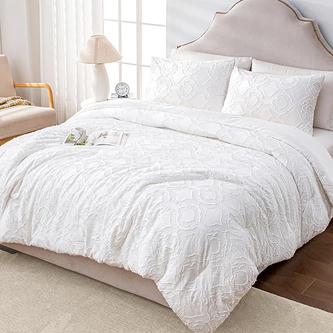 Andency White Boho Tufted Comforter Set Full(79x90Inch), 3 Pieces Floral Textured Farmhouse Bed, Soft Microfiber Down Alternative Geometric Bedding Set with 2 Pillowcases