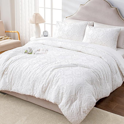 Andency White Boho Tufted Comforter Set Full(79x90Inch), 3 Pieces Floral Textured Farmhouse Bed, Soft Microfiber Down Alternative Geometric Bedding Set with 2 Pillowcases
