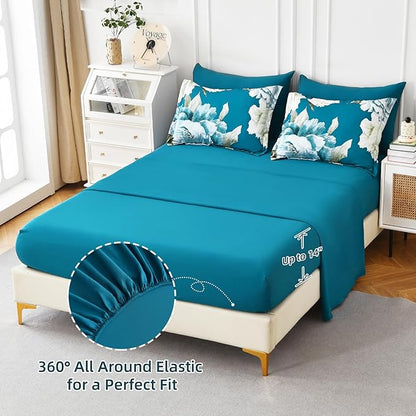 Dobuyly Teal Comforter Set King 7 Piece Bed in a Bag, Teal Blue Floral Printed Comforter Set with Sheets, Soft Microfiber Botanical Complete Bedding Set for All Season