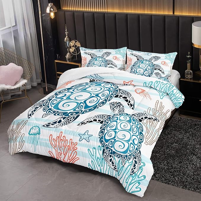 HOSIMA Sea Turtle Comforter Set,Coastal Beach Themed Bedroom Comforter Set Queen Size for Kids Teen Girls Boys Room Decor,Turtle Twin Bed in a Bag for Girls with 2 Pillowcases.