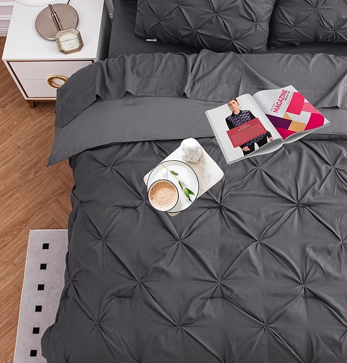 LANE LINEN Full Size Comforter - Set of 7 Piece - Elegant Pintuck Detailing - Complete Bed in a Bag Collection - Very-Soft Microfiber Bedding Set - Petfect Fit, Low Maintenance Bedding Solution – Grey | Soft microfiber, Even fit drape, Low maintenance,...