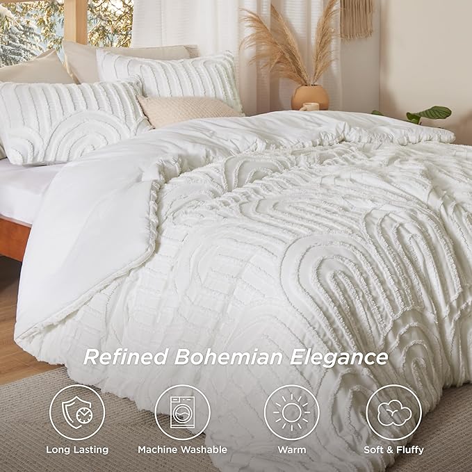Bedsure Boho Tufted White Comforter King Size, GentleSoft™ 3 Pieces Boho Farmhouse Decor Bedding, Arch Shabby Chic Bedding for All Seasons, 1 Bed Comforter, 2 Pillow Shams, 104x90 Inches