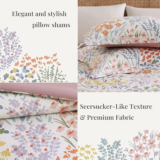CASAAGUSTO Queen Comforter Set, 7 PCS Pinkish Floral Comforter Set with Flowers Leaves Pattern, Soft Seersucker Design All Season Queen Size Bedding Set(80"X90")