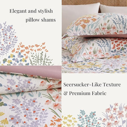 CASAAGUSTO Full Comforter Set, 7 PCS Pinkish Floral Comforter Set with Flowers Leaves Pattern, Soft Seersucker Design All Season Full Size Bedding Set(80"X90")