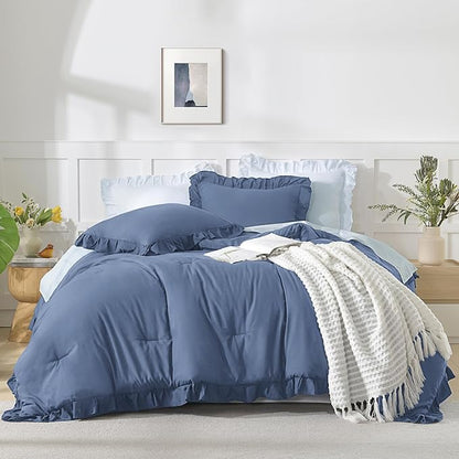 Andency Ocean Blue Comforters Queen Size, 3 Pieces Solid Shabby Chic Farmhouse Bedding Comforters & Sets, Lightweight Fluffy All Season Soft Down Alternative Bed Set for Women Men