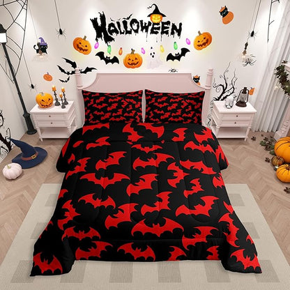 Erosebridal Red Bat Bedding Set Full Size Halloween Bat Comforter Set Spooky Goth Gothic Animal Bed Sets Horror Halloween Duvet Quilt Sets for Kids Teens Adults