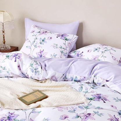 Wake In Cloud - Floral Comforter Set, Cottagecore Cottage Rustic Farmhouse Style with Botanical Flowers and Leaves Pattern, Soft Lightweight Bedding, 3-Piece, Purple White, Full Size