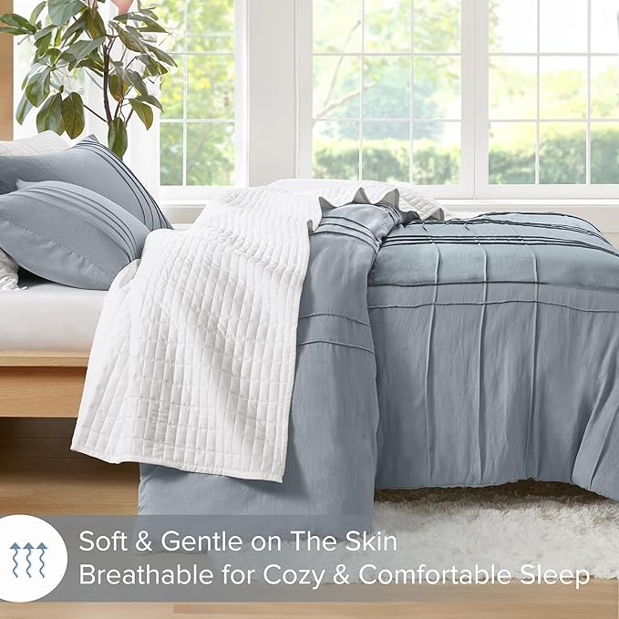 Comfort Spaces Blue/Grey King Size Comforter Set - 3 Pieces Pintuck Pleated Bedding Sets, All Season Lightweight, Extra Softness Pre-Washed Microfiber Bed Set, Shams, King
