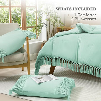 Andency Comforter Full Size Set Mint, Boho Lightweight Vintage Soft Bedding Comforter Sets, 3 Pieces Bed Set (79x90In Comforter & 2 Pillowcases)