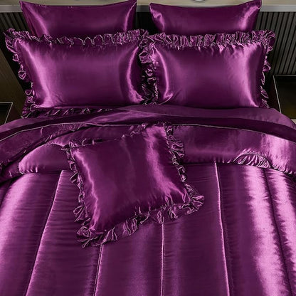 Silk Like Satin Comforter Set with Sheet Set Queen 8 Pcs Purple Satin Bedding Set Silky Ruffle Pattern Home Deocr Luxury Hotel Silky Bed in a Bag with 1 Cushion Cover